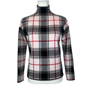 Tahari Plaid Mock Neck Sweater Black White Red Women's OverSized XS